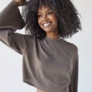 Urban Renewal Remnants Drippy Sleeve Ribbed Crew Neck Top Brown